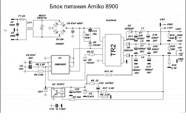 Схема блоку живлення Amiko 8900, Gi8120, GM 990 HD